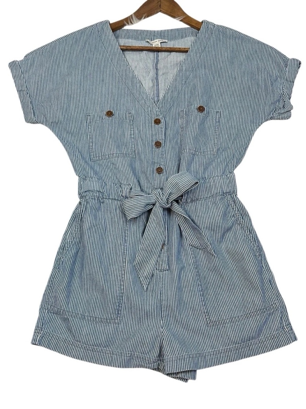 American Eagle Outfitters Blue & White Striped Tie-Waist Romper